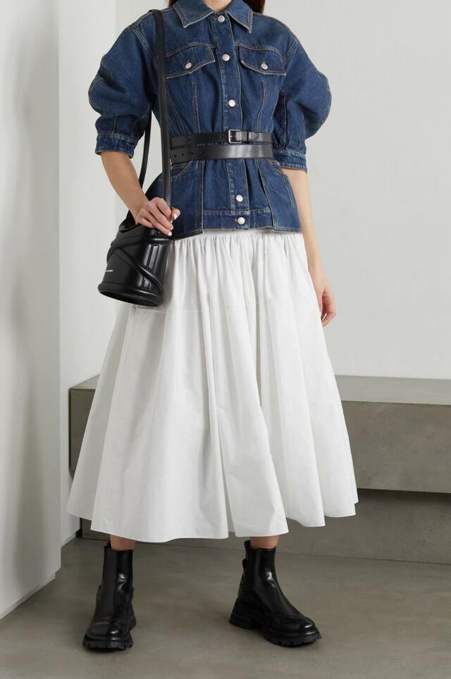 Denim, feminine dress and ankle boots