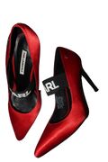 Red satin pumps