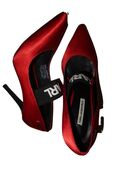 Red satin pumps