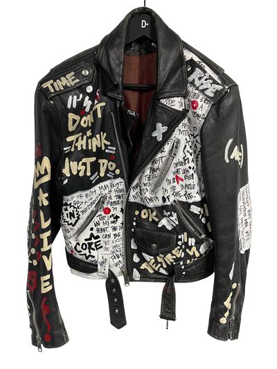 Graffiti-print leather biker jacket
