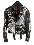 Graffiti-print leather biker jacket