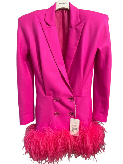 Pink tuxedo dress with feathers