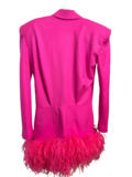 Pink tuxedo dress with feathers