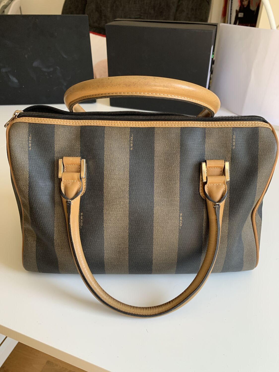 Authentic Vintage FENDI Pequin Stripe Boston Hand Bag Brown 