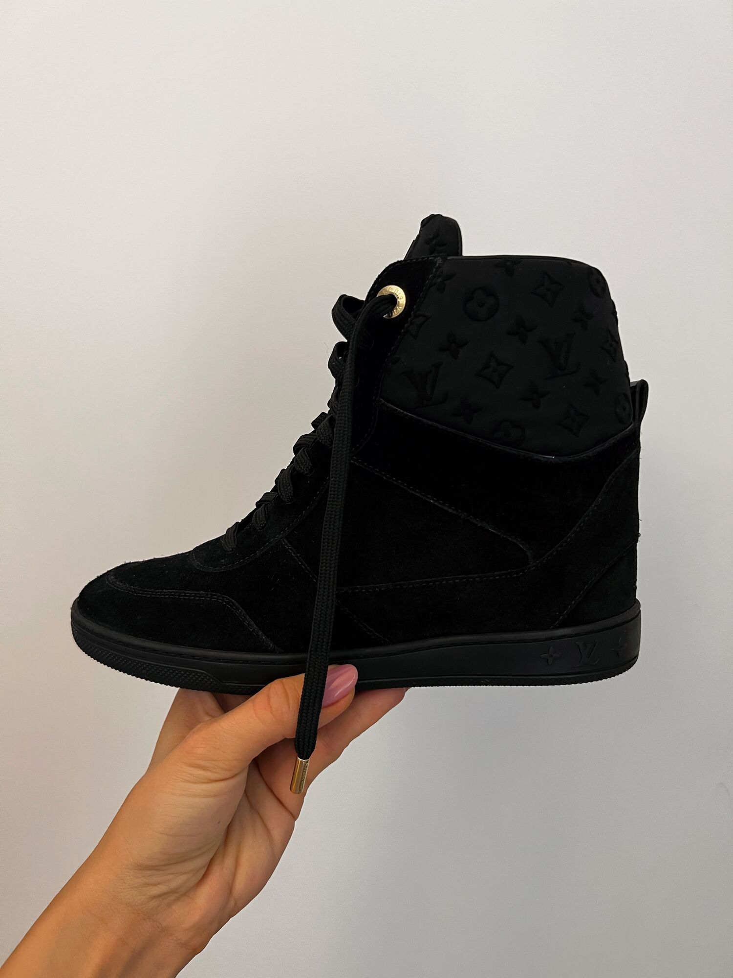 Louis Vuitton Black Leather And Embossed Monogram Suede Millenium Wedge  Sneakers