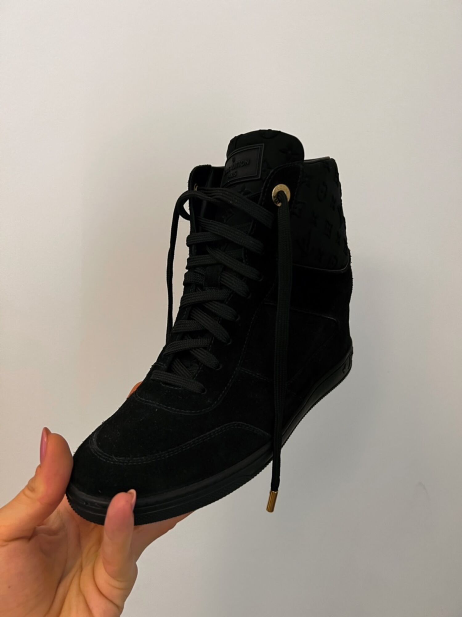 Louis Vuitton Black Suede And Embossed Monogram Fabric Millenium Wedge  Sneakers Size 37.5