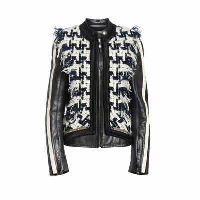 Tweed Trim Leather Jacket