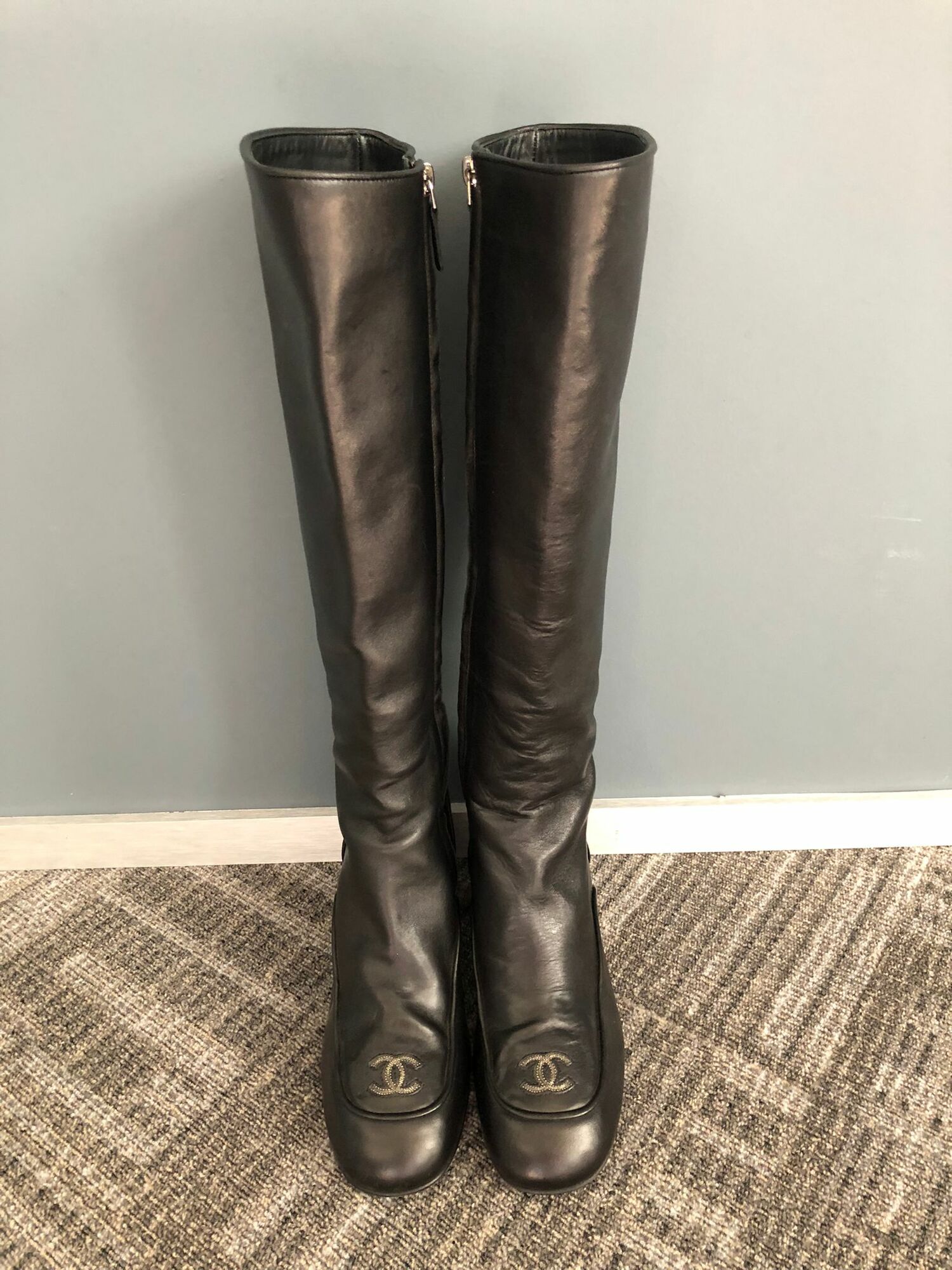 Chanel Leather Knee High Buckle Boots at 1stDibs  chanel buckle boots  black knee high buckle boots