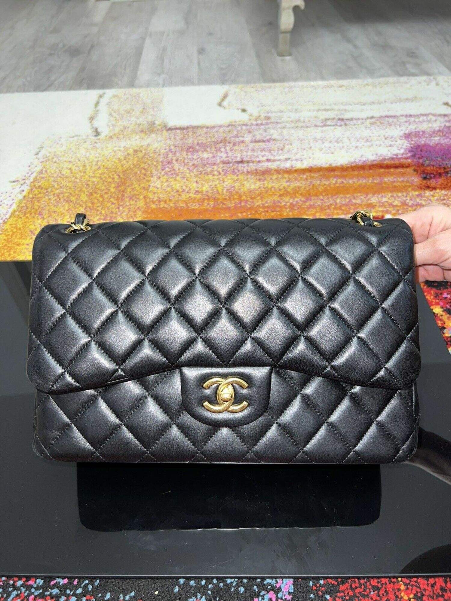 Chanel Black Quilted Lambskin Vintage Jumbo Double Sided Classic