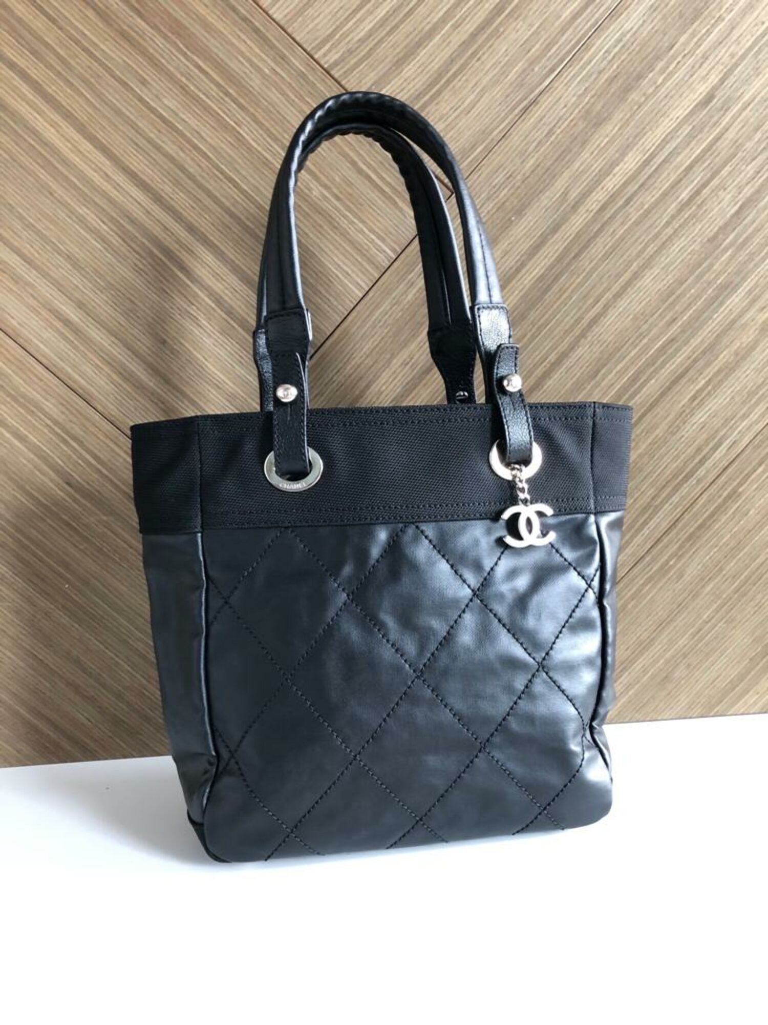chanel black canvas tote handbag