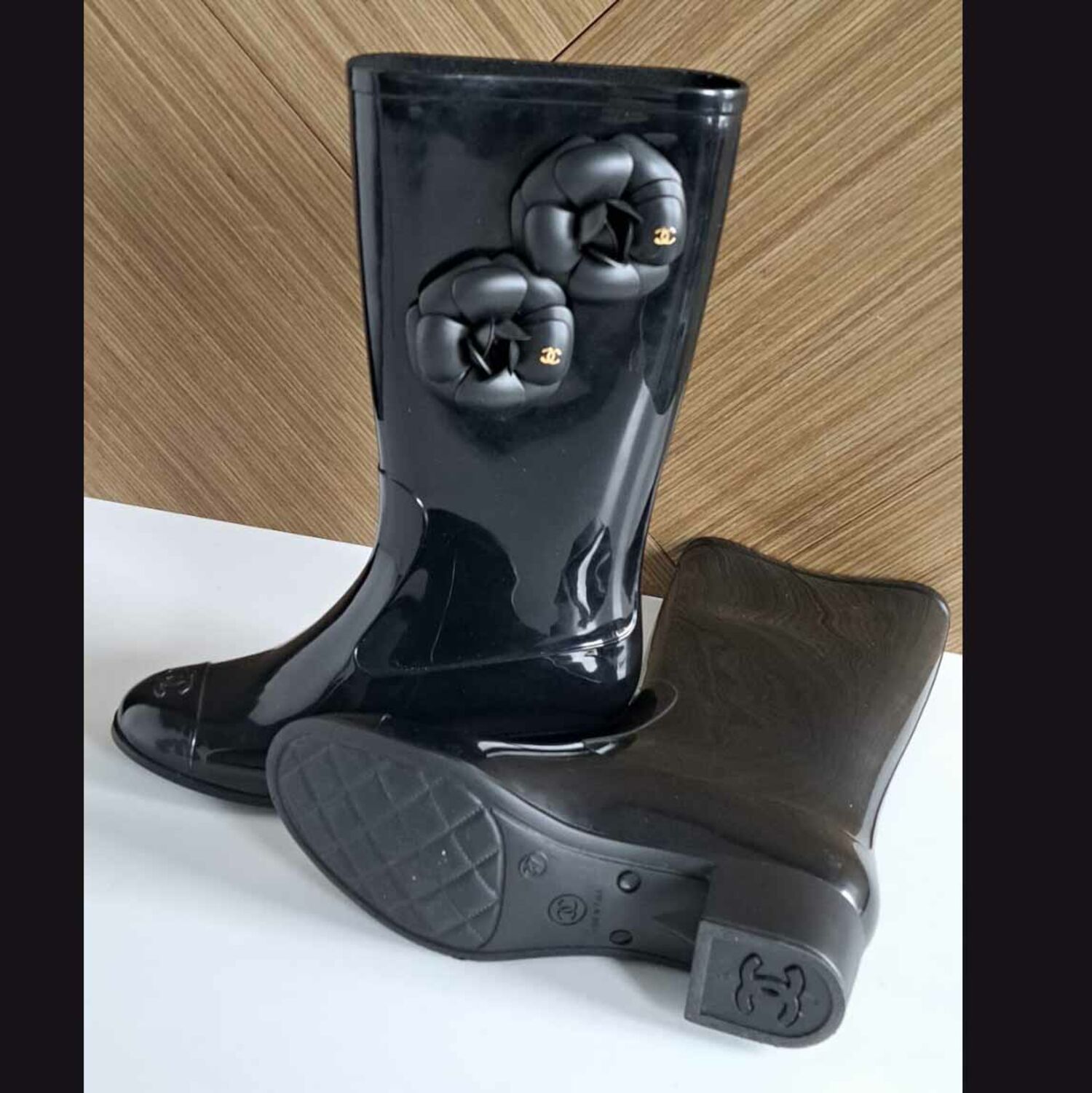 Chanel Black Rubber Camellia Rain Boots Size 38 Chanel